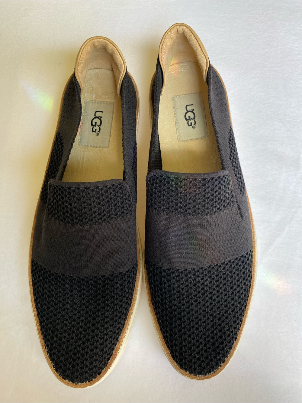 UGG Sammy Slip-On Black Knit Loafers with Tan Trim